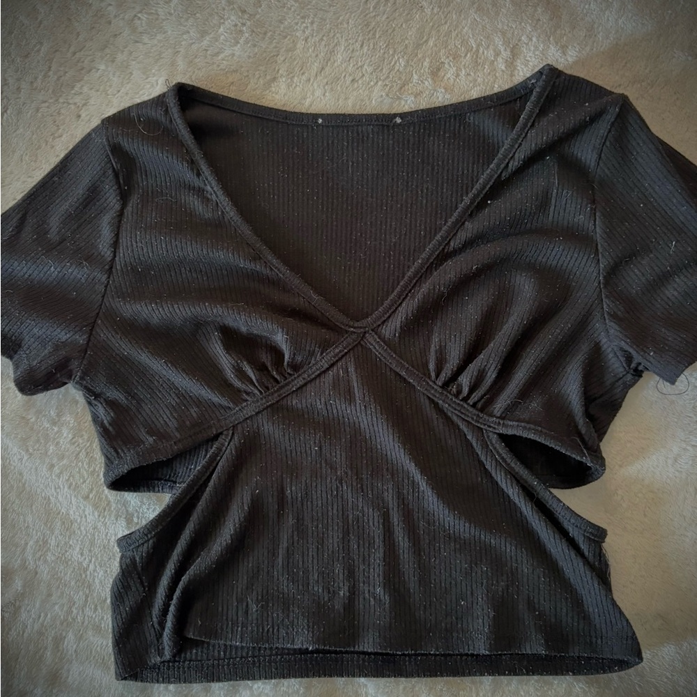 Black V-Neck Cutout Women Top